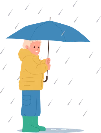 Criança feliz andando com guarda-chuva em tempo chuvoso e tempestuoso  Ilustração