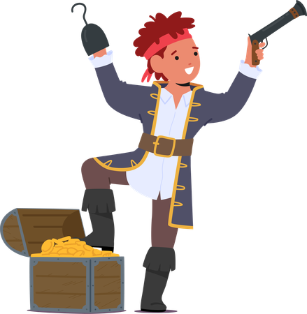 Garoto pirata encontrou caixa de tesouro  Ilustração