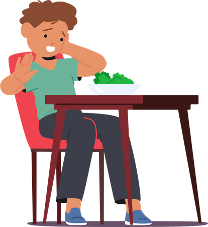 Criança rejeita teimosamente comer brócolis  Ilustração
