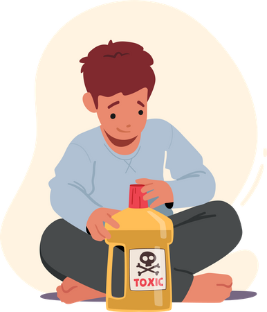 Criança sentada no chão brincando com um líquido tóxico abrindo uma garrafa com veneno perigoso  Ilustração