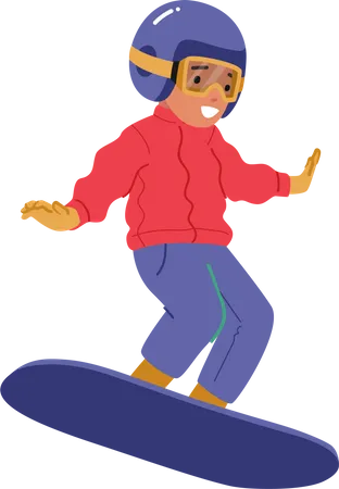 Criança pequena snowboarder pulando no snowboard  Ilustração