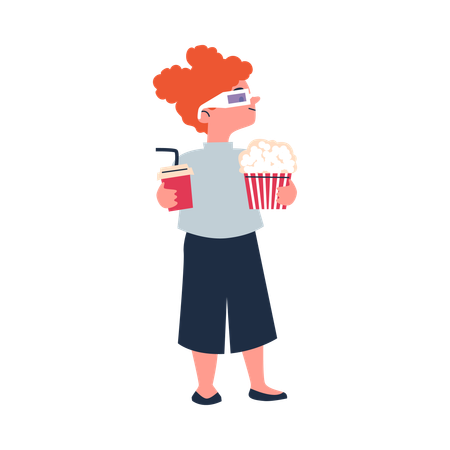 Criança usando óculos 3D com lanches de cinema  Ilustração