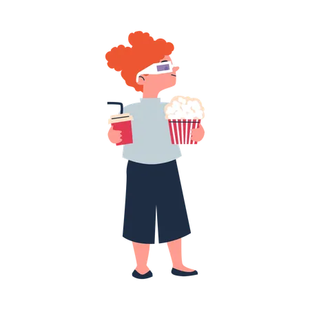 Criança usando óculos 3D com lanches de cinema  Ilustração