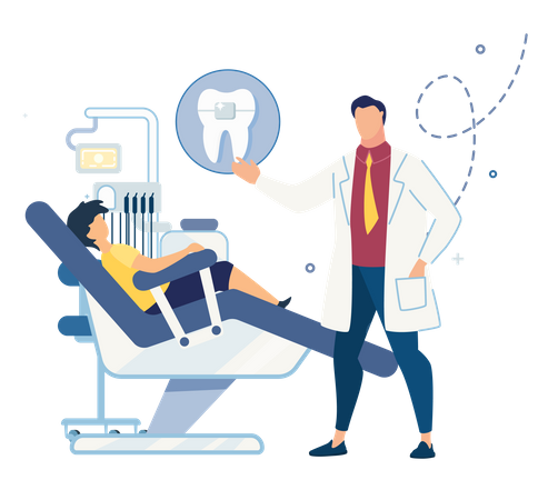 Criança visitando clínica odontológica para aparelho dentário  Ilustração