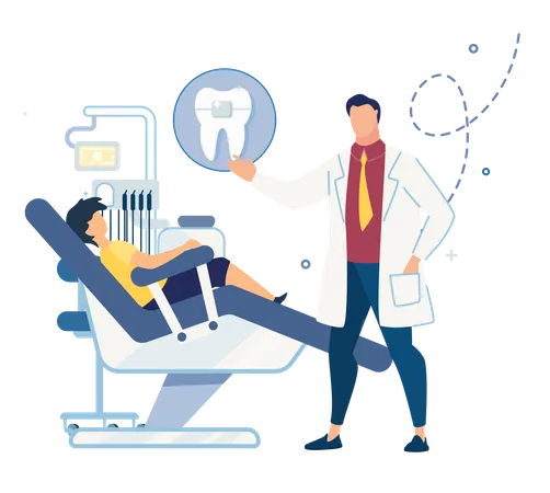 Criança visitando clínica odontológica para aparelho dentário  Ilustração