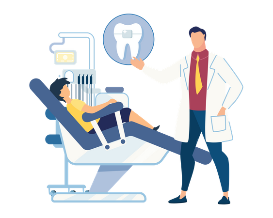 Criança visitando clínica odontológica para aparelho dentário  Ilustração