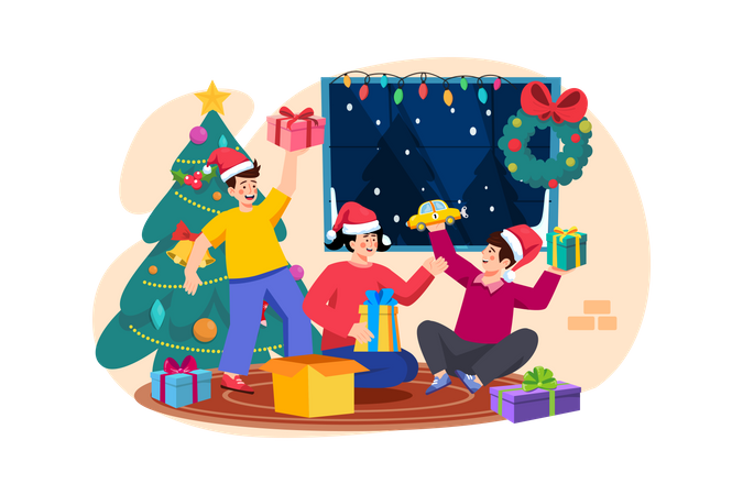 Crianças abrindo o presente de Natal e se sentindo felizes  Ilustração