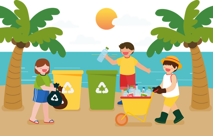 Crianças ajudam a coletar resíduos recicláveis  Ilustração