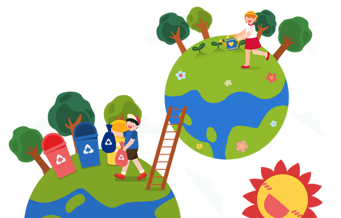 Crianças ajudando na proteção ecológica  Ilustração