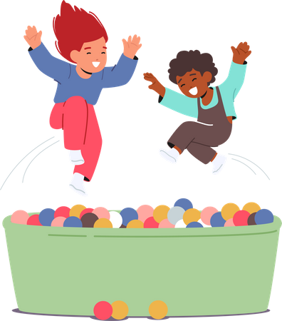 Crianças alegres brincando na piscina com bolas coloridas  Ilustração