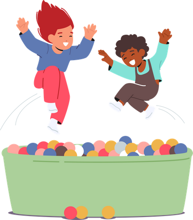 Crianças alegres brincando na piscina com bolas coloridas  Ilustração