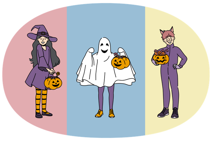 Crianças alegres em trajes de Halloween convidam para ir buscar guloseimas e segurar abóboras nas mãos  Ilustração