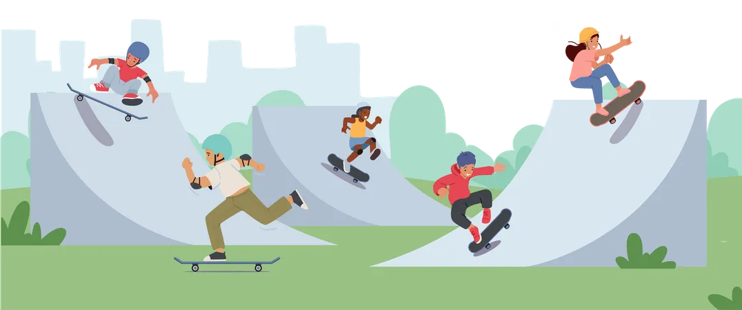 Crianças andando de skate no parque da cidade  Ilustração