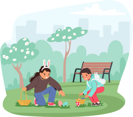 Crianças vasculham animadamente um parque em busca de ovos com uma cesta na mão  Ilustração