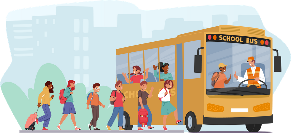 Crianças entusiasmadas embarcam ansiosamente no ônibus escolar  Ilustração