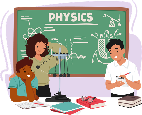 Crianças entusiasmadas em uma sala de aula de física exploram a energia cinética com experimentos práticos  Ilustração