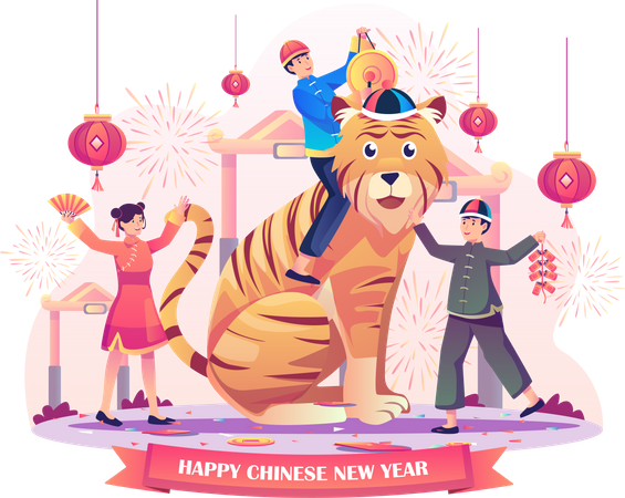 Crianças asiáticas comemorando o ano novo chinês  Ilustração