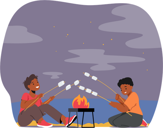 Crianças assando marshmallow na fogueira  Ilustração