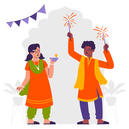 Crianças brincam com fogos de artifício em Diwali  Ilustração