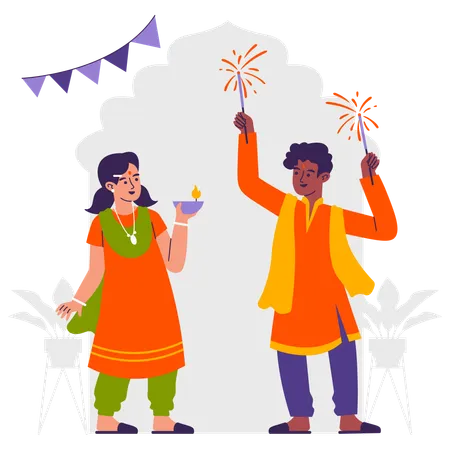 Crianças brincam com fogos de artifício em Diwali  Ilustração