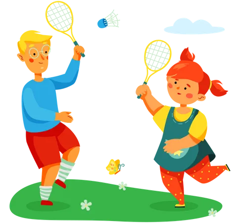 Criancas Jogando Badminton Ilustracao Colorida De Estilo Design Plano Com Personagens De Desenhos Animados Feliz Menino E Menina Praticando Esportes Ao Ar Livre Ideia De Atividade Para Criancas Estilo De Vida Saudavel Conceito De Infancia Ilustração