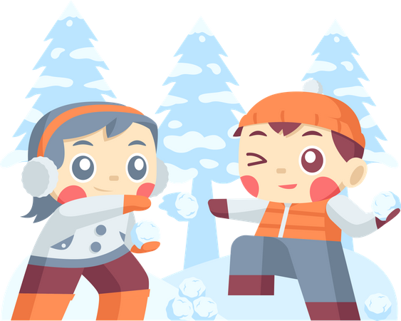 Crianças brincando de bola de neve no inverno  Ilustração