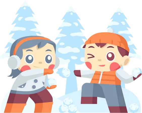 Crianças brincando de bola de neve no inverno  Ilustração