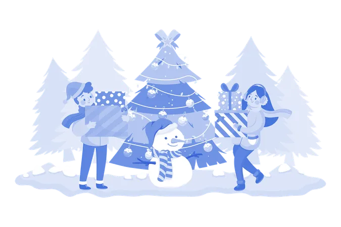 Crianças brincando de boneco de neve juntas ao ar livre  Ilustração