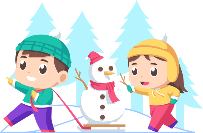 Crianças brincando com boneco de neve  Ilustração