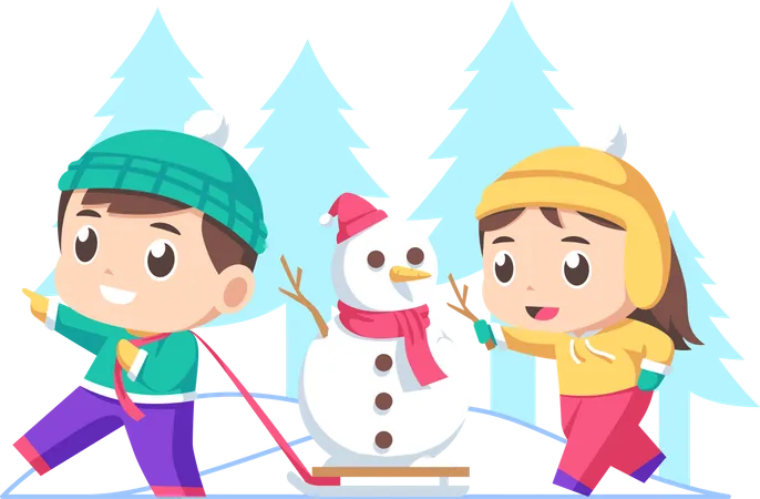 Crianças brincando com boneco de neve  Ilustração