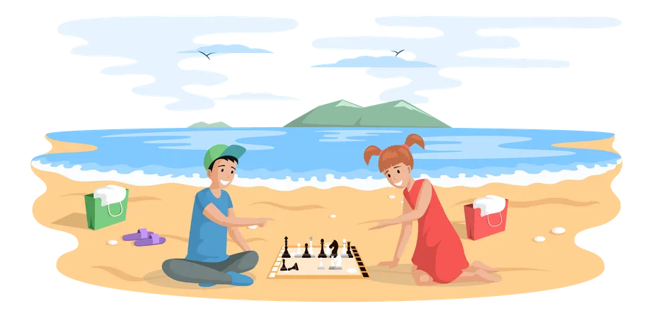 Crianças jogando jogo de tabuleiro enquanto estão sentadas na praia  Ilustração