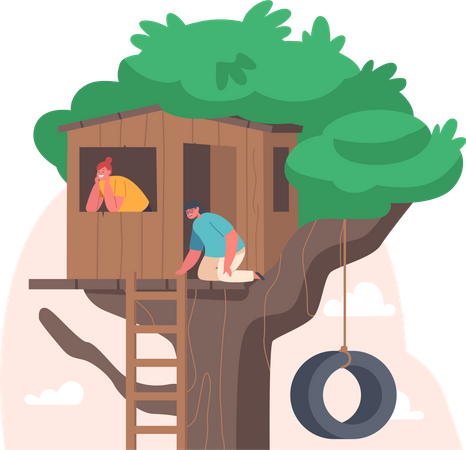 Crianças brincando na casa da árvore  Ilustração
