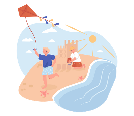 Crianças brincando na praia  Ilustração