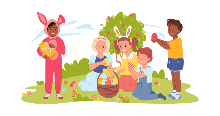 Crianças coletando ovos de páscoa  Ilustração