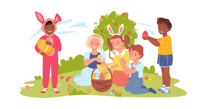 Crianças coletando ovos de páscoa  Ilustração