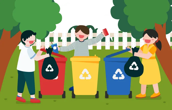 Crianças coletando lixo reciclável  Ilustração