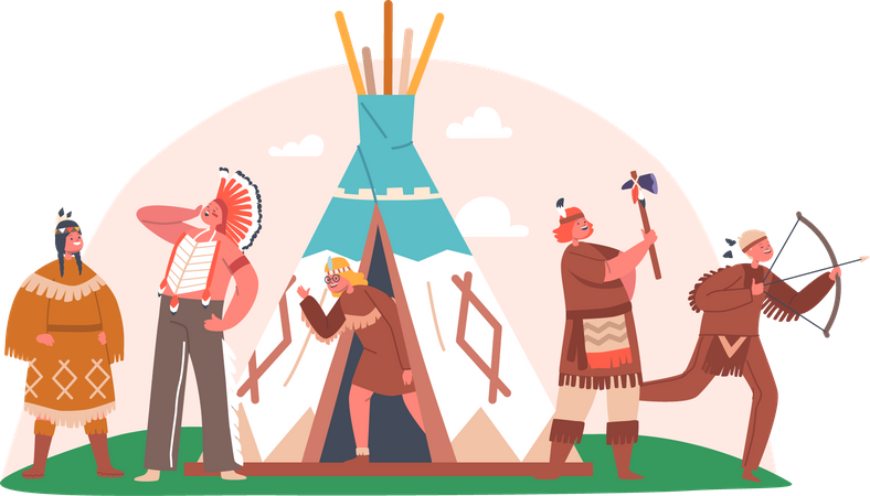 Crianças com arma perto da tenda Wigwam  Ilustração