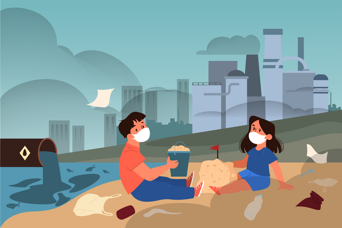 Crianças mascaradas sentadas em praia poluída  Ilustração