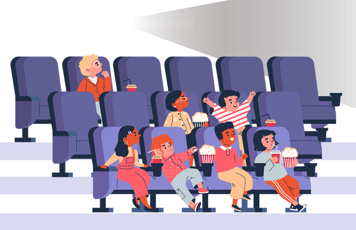 Crianças com pipoca e bebidas no cinema  Ilustração