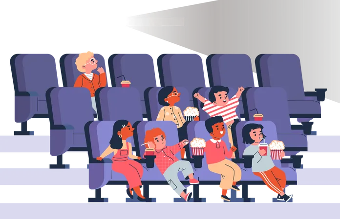 Crianças com pipoca e bebidas no cinema  Ilustração