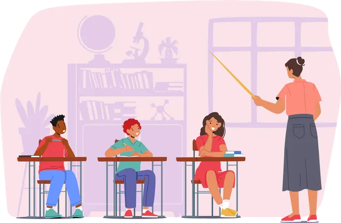 Crianças com professor em sala de aula  Ilustração