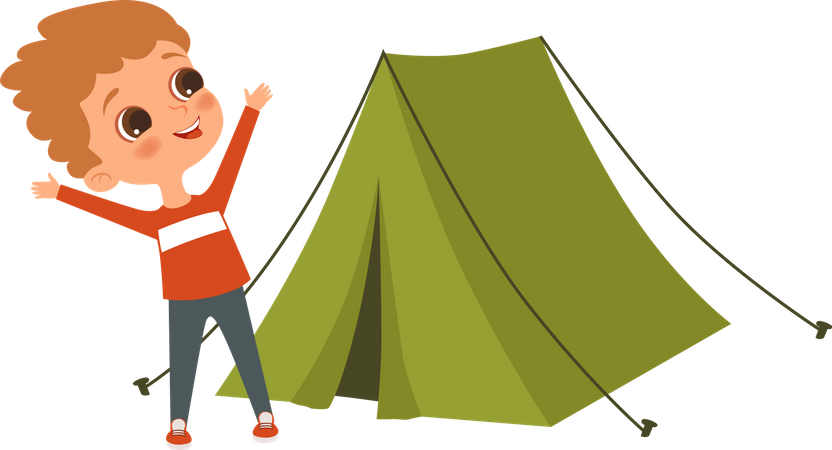 Crianças pequenas com barraca de acampamento  Ilustração