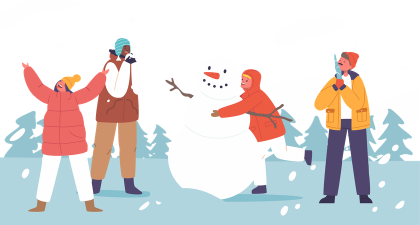 Crianças mastigam alegremente a neve recém-caída  Ilustração