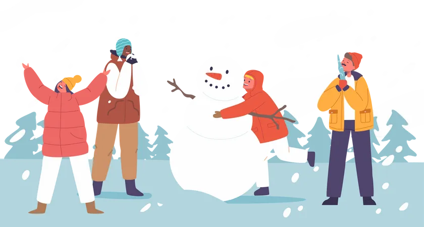 Crianças mastigam alegremente a neve recém-caída  Ilustração