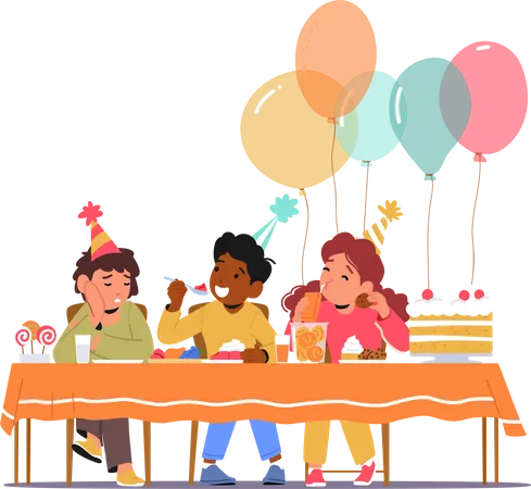 Crianças comemoram aniversário com bolo e balões  Ilustração
