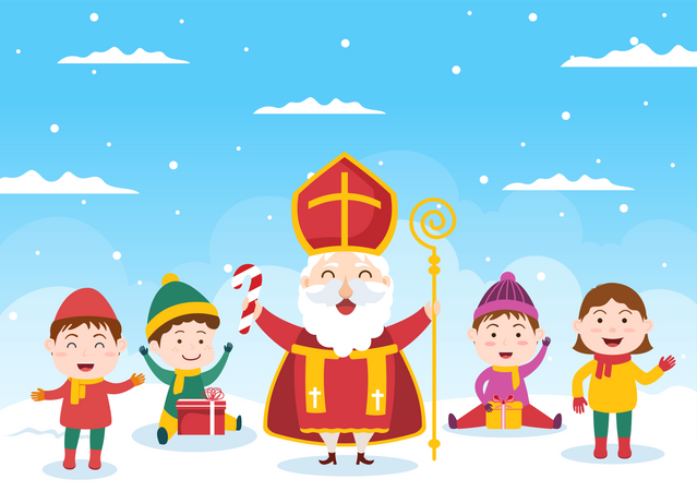 Crianças comemoram o dia de São Nicolau com Santo  Ilustração