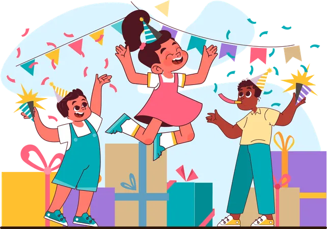 Crianças comemorando festa de aniversário  Ilustração