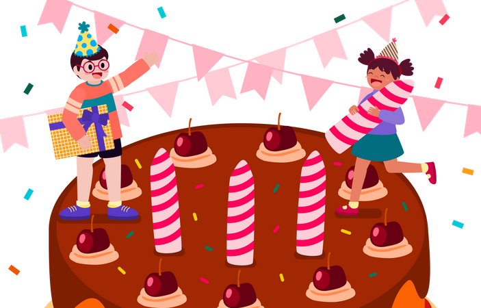 Crianças comemorando com bolo de aniversário  Ilustração