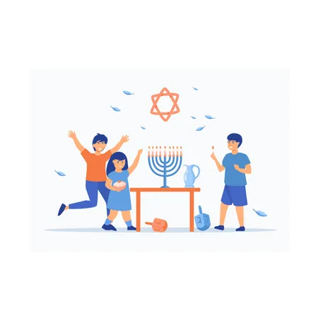 Crianças celebrando o Hanukkah acendendo velas  Ilustração