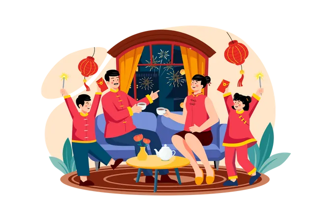 Crianças comemorando o ano novo chinês com os pais  Ilustração